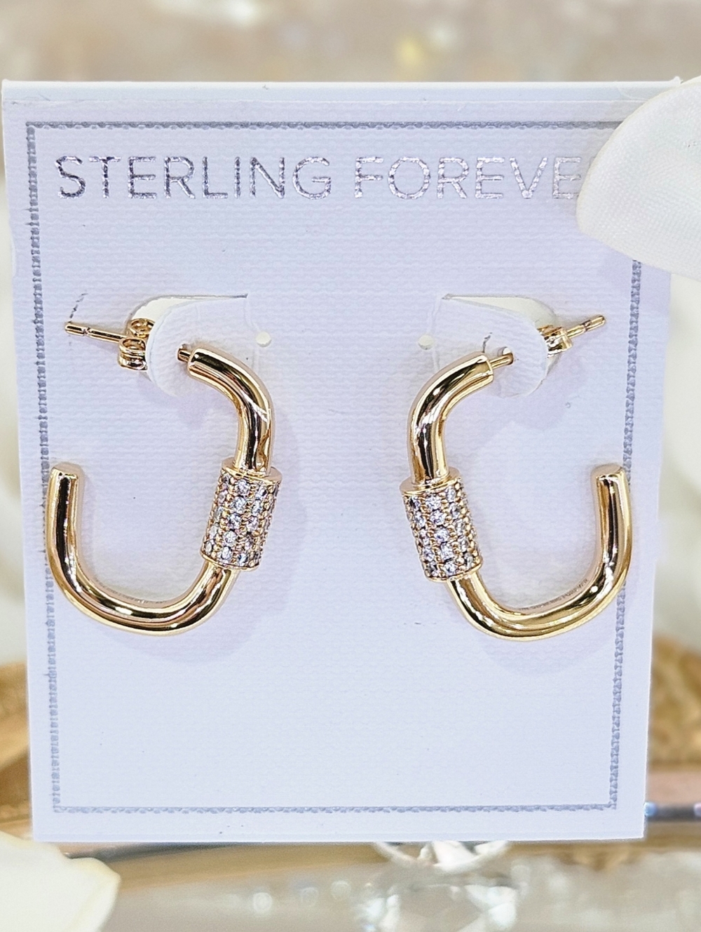 Argento Vivo Hoop Earrings Gold Tone Pavé CZ Carabiner Hoops Shiny Modern Trendy
